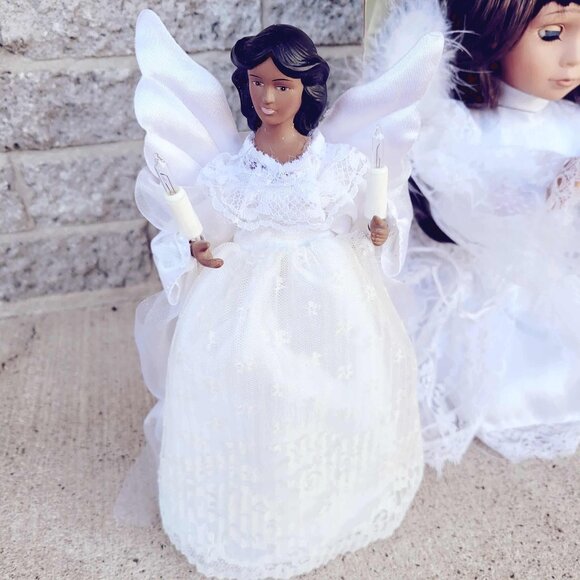Christmas Black Angel Tree Topper With Candles & Lights White Gown Doll - Picture 1 of 5